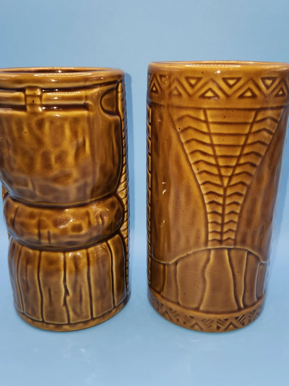 Vtg KC Hawaii Tiki Mugs Lot of 2 Brown Ceramic Barware Souvenir 1999 & 2000